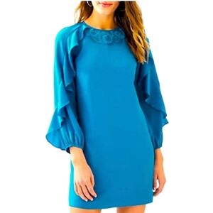 Lilly Pulitzer Leni Peacock blue embroidery beaded ruffle shift dress 4 NWT